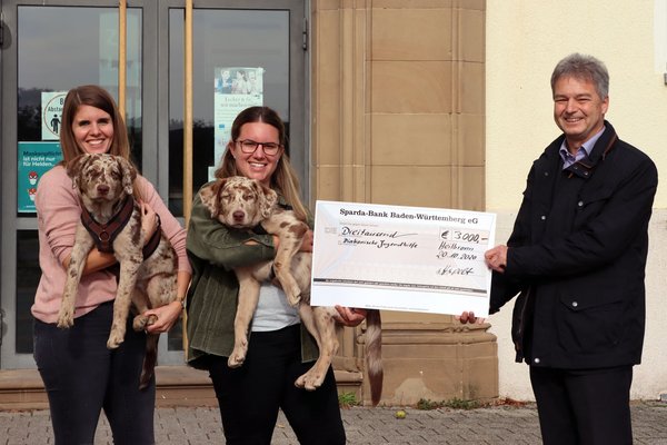 Die DJHN-Mitarbeiterinnen Franziska Straub mit Hündin Mila (links) und Mareike Brecht mit Rüde Paul (Mitte) bekommen von Hartmut Hespelt, Leiter der Sparda-Filiale in Heilbronn, den Spendenscheck überreicht.